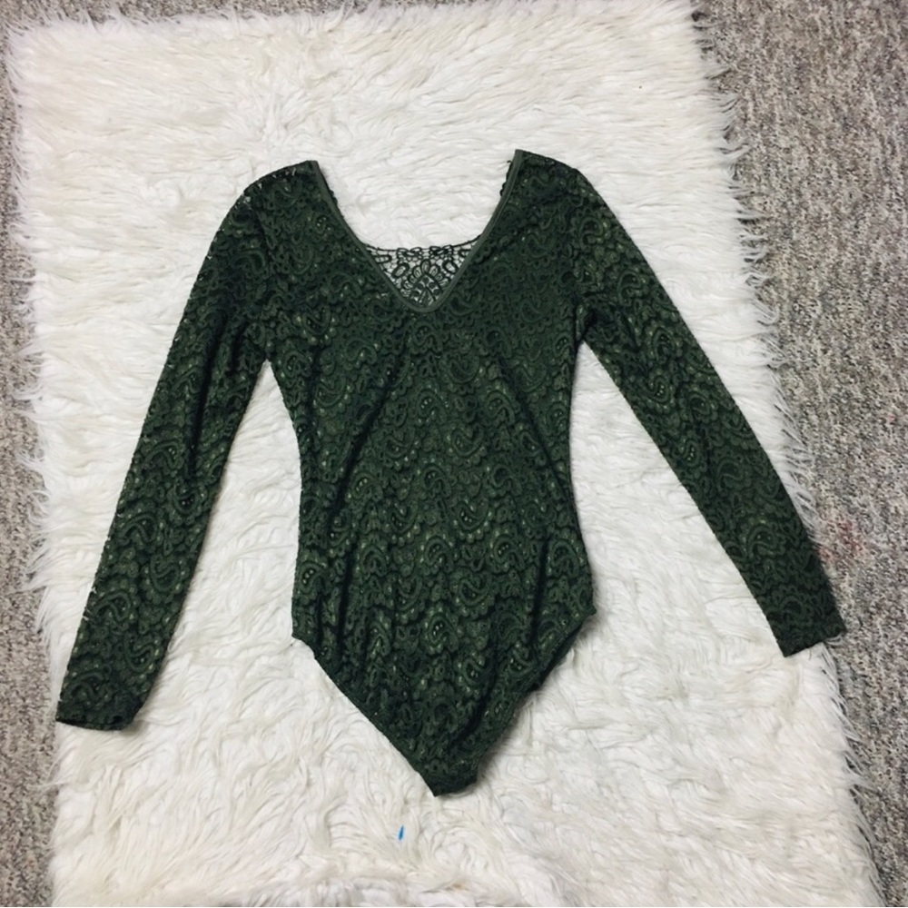 Charlotte Russe Paisley Lace Long Sleeve Bodysuit Olive Green Small Night Out - Picture 5 of 8